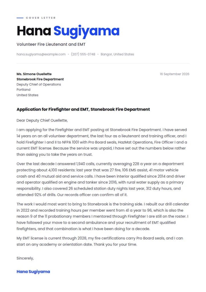 Volunteer Firefighter Cover Letter Examples & Templates