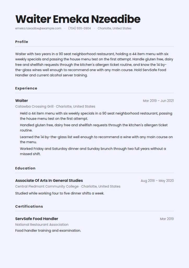 Waiter Resume Examples & Templates