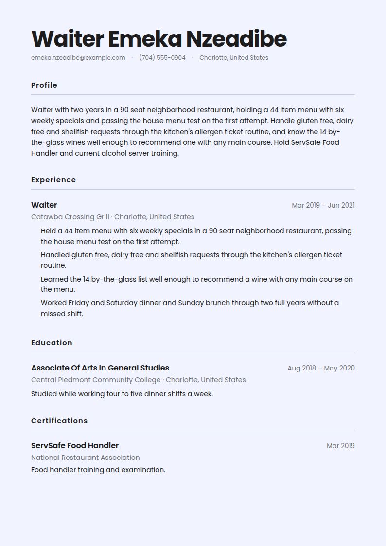 Waiter Resume Examples & Templates