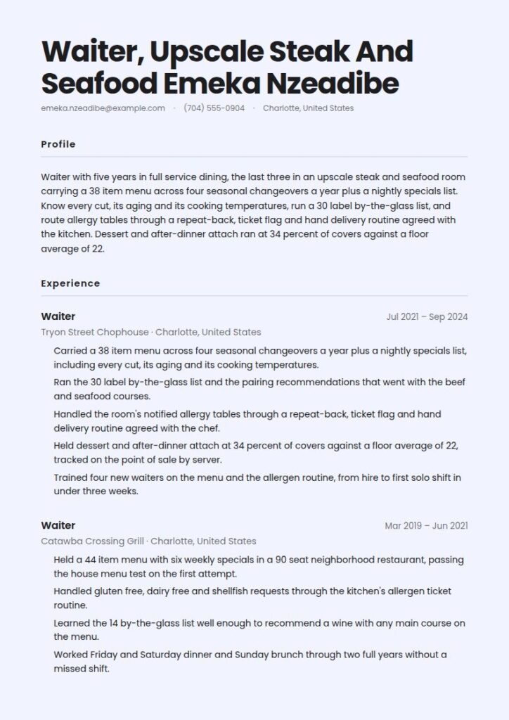 Waiter Resume Examples & Templates