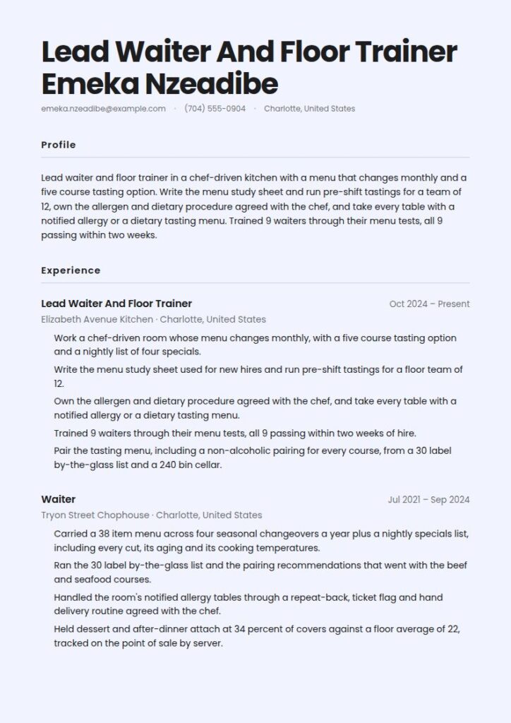 Waiter Resume Examples & Templates