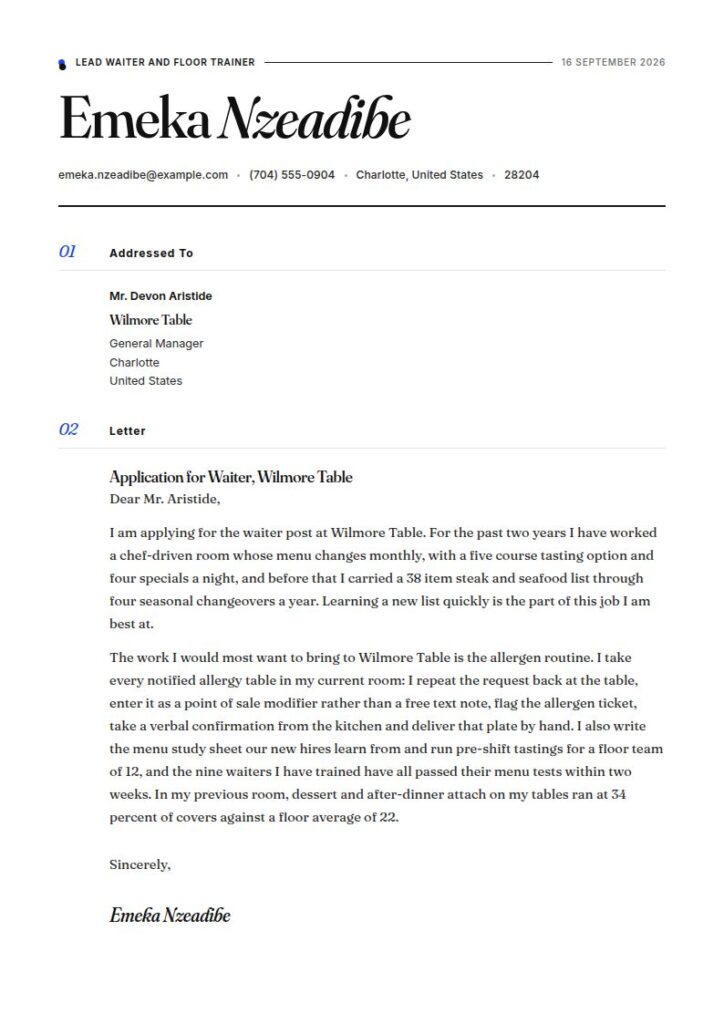 Waiter Cover Letter Examples & Templates