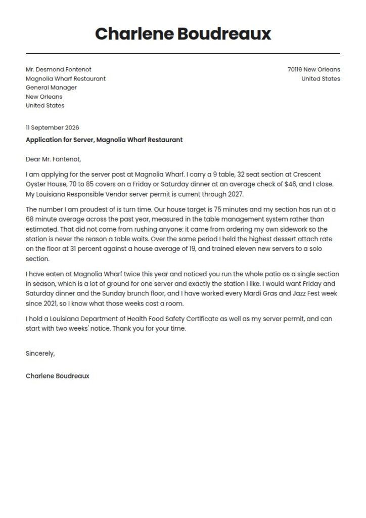 Waitress Cover Letter Examples & Templates