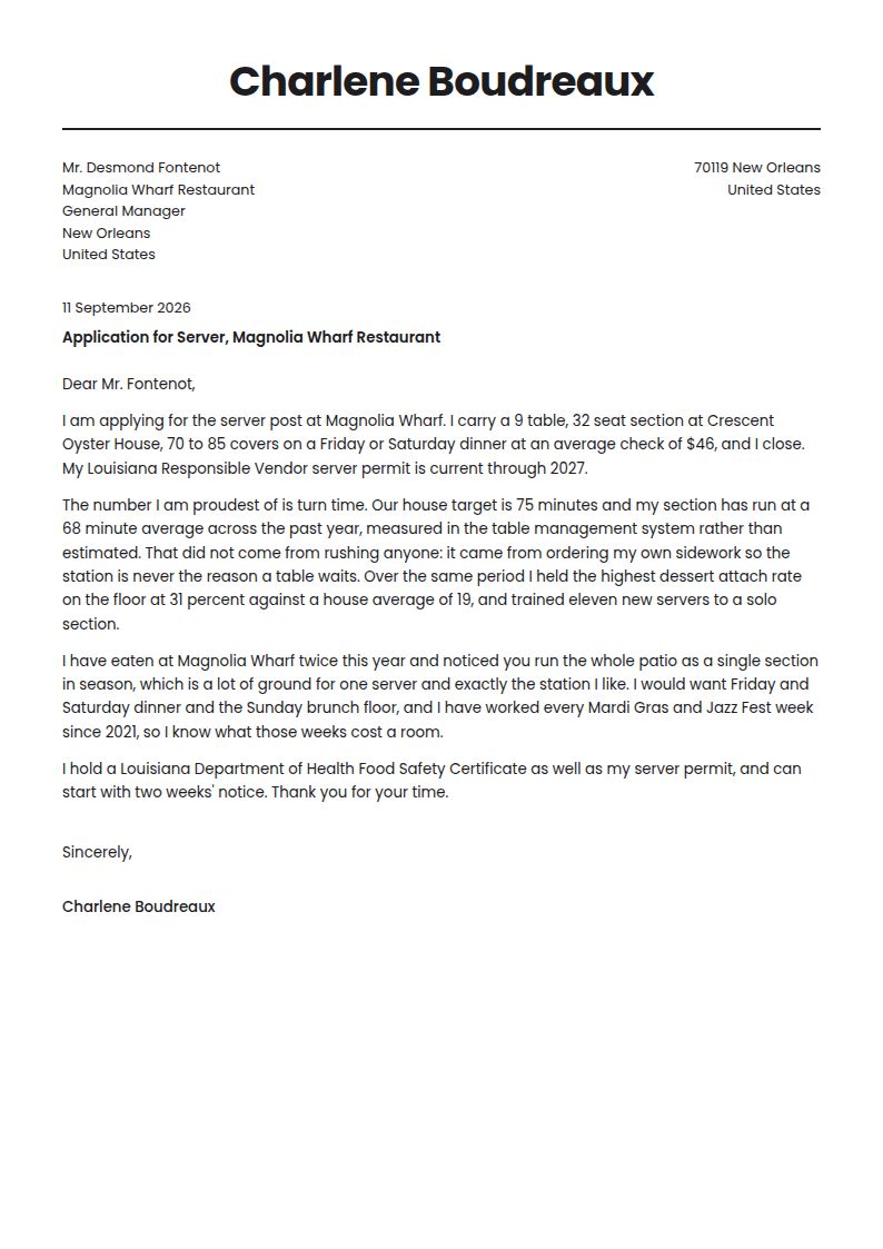 Waitress Cover Letter Examples & Templates