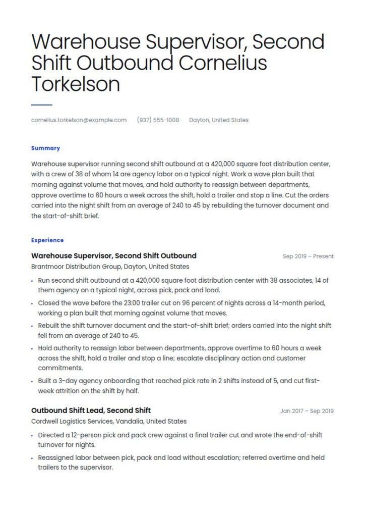 Warehouse Supervisor Resume Examples & Templates