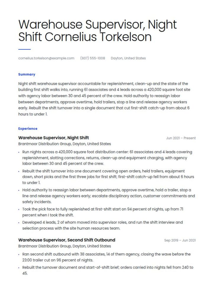 Warehouse Supervisor Resume Examples & Templates