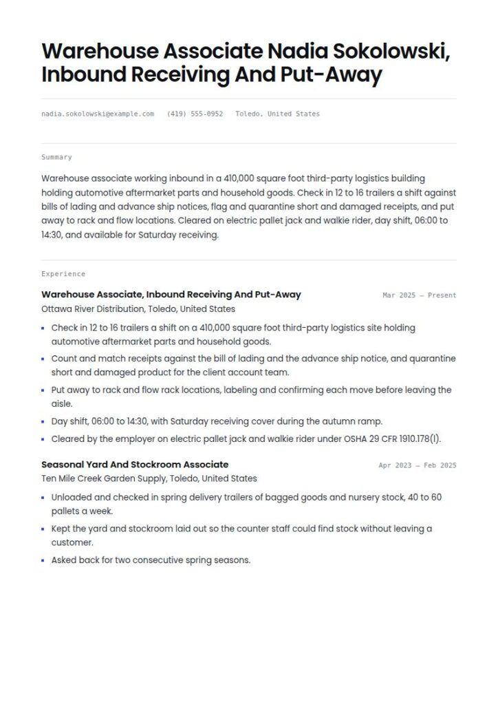 Warehouse Worker Resume Examples & Templates