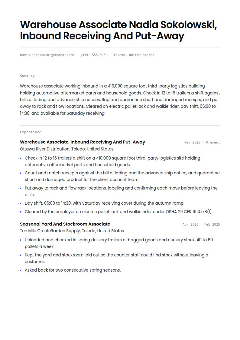 Warehouse Worker Resume Examples & Templates