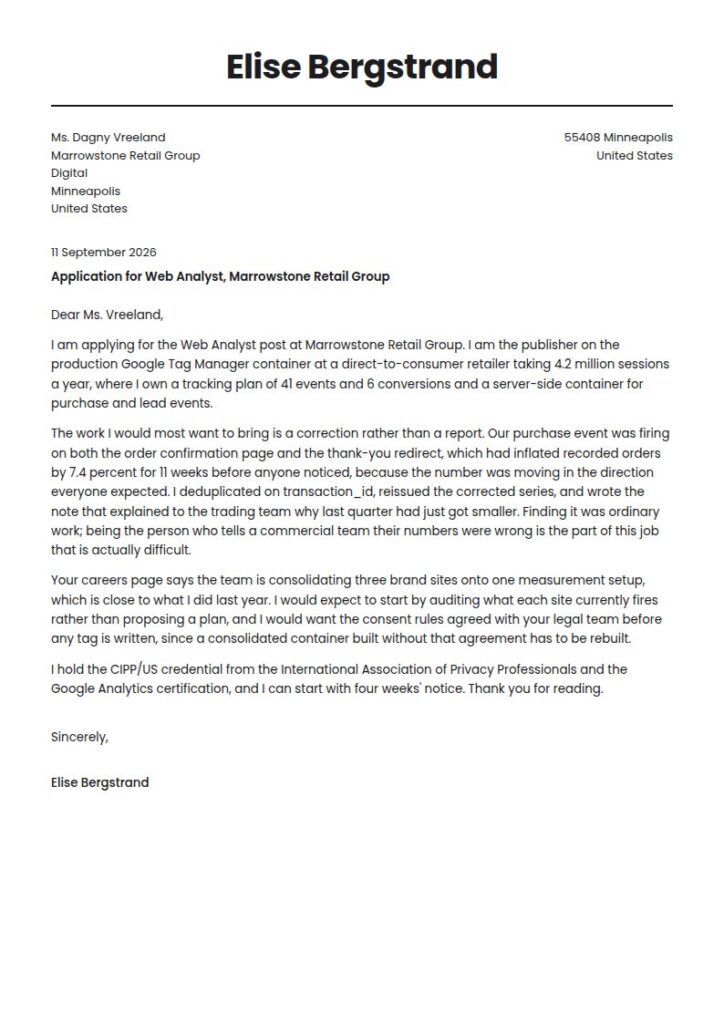 Web Analyst Cover Letter Examples & Templates