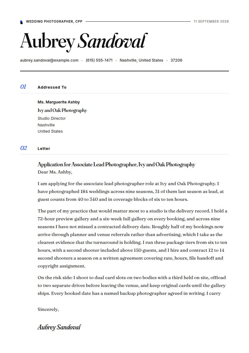 Wedding Photographer Cover Letter Examples & Templates