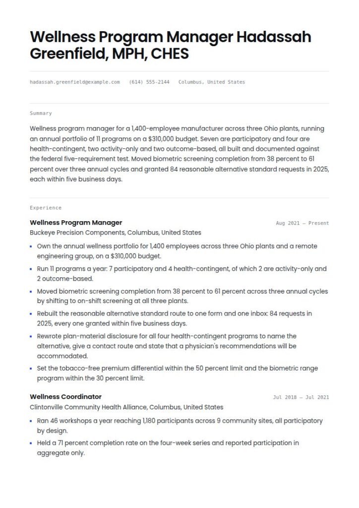 Wellness Manager Resume Examples & Templates