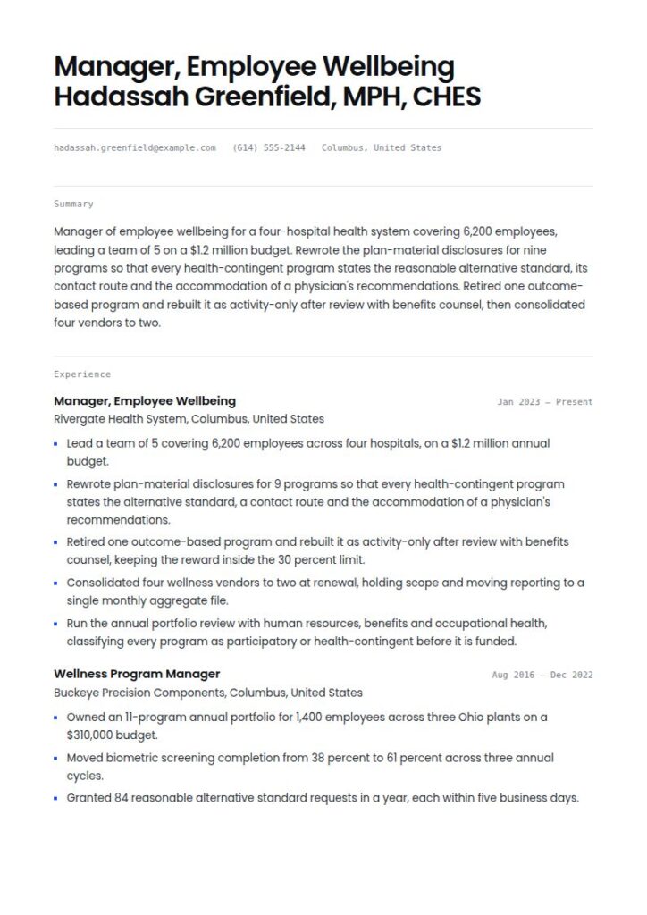 Wellness Manager Resume Examples & Templates