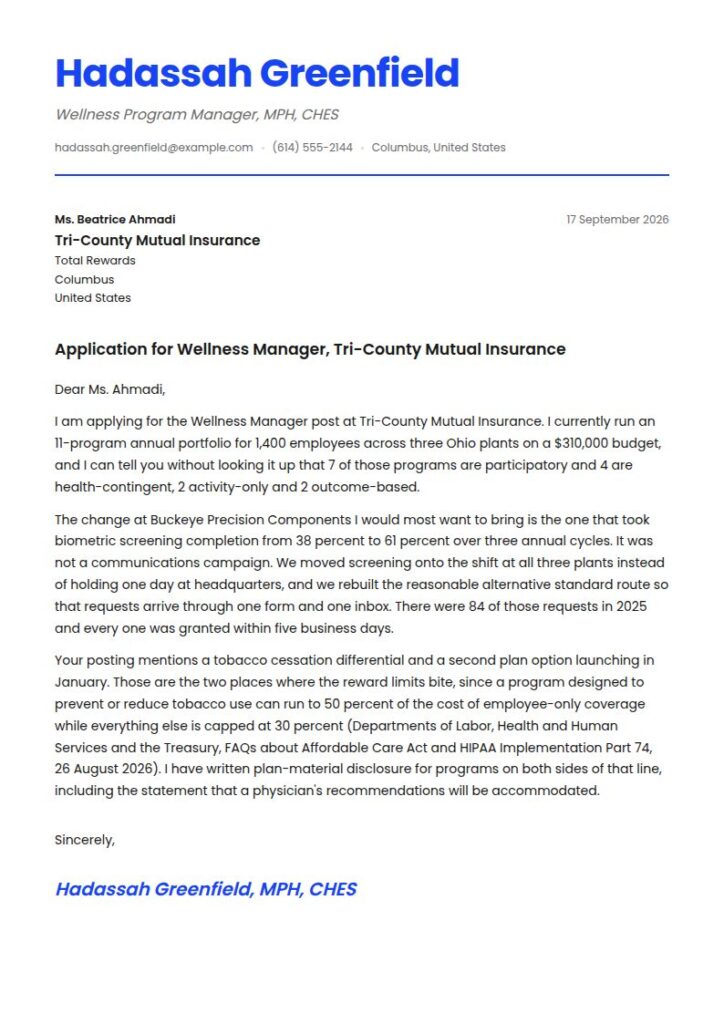 Wellness Manager Cover Letter Examples & Templates