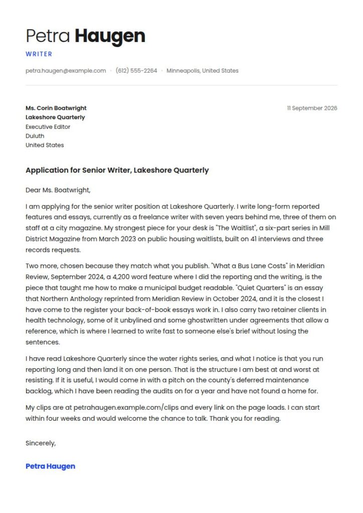 Writer Cover Letter Examples & Templates