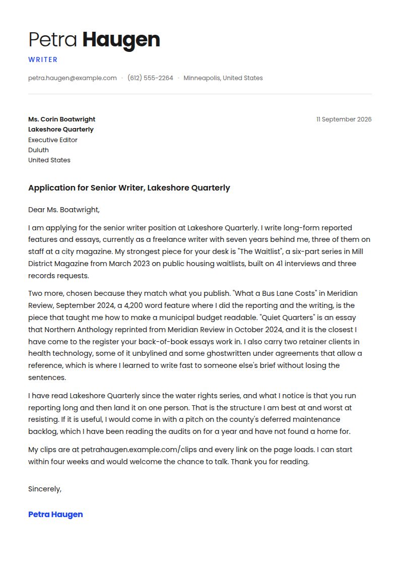 Writer Cover Letter Examples & Templates