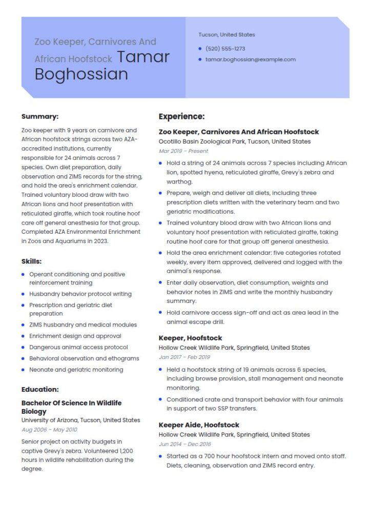 Zoo Keeper Resume Examples & Templates