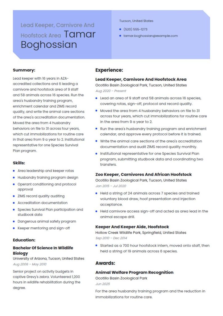 Zoo Keeper Resume Examples & Templates
