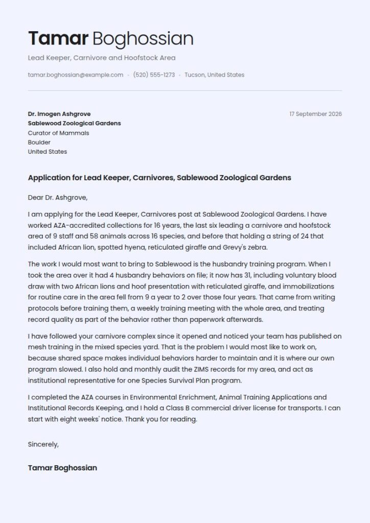 Zoo Keeper Cover Letter Examples & Templates