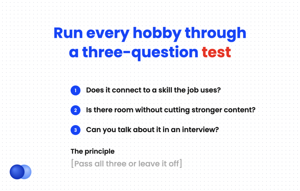 Three-question test for deciding which hobbies and interests to put on a resume
