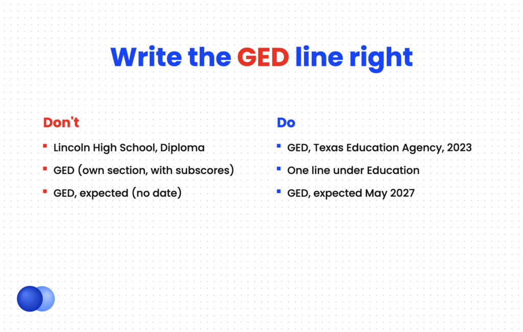 Wrong and right ways to format a GED on a resume