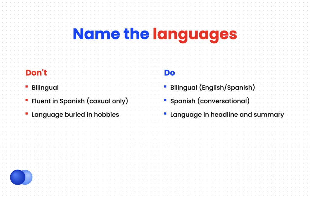 Comparison of weak and strong ways to show bilingual on a resume