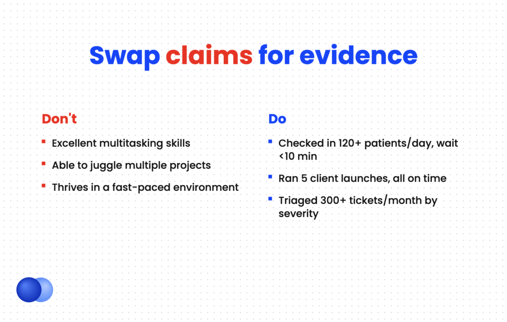 Comparison of vague multitasking claims versus proof-based resume bullets