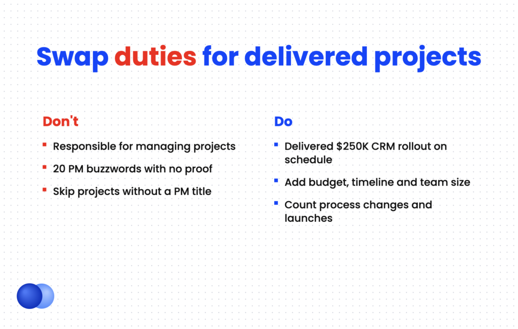 Comparison of weak and strong ways to list project management skills on a resume