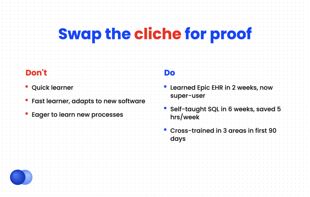 Comparison of writing quick learner on a resume versus proof-based bullets