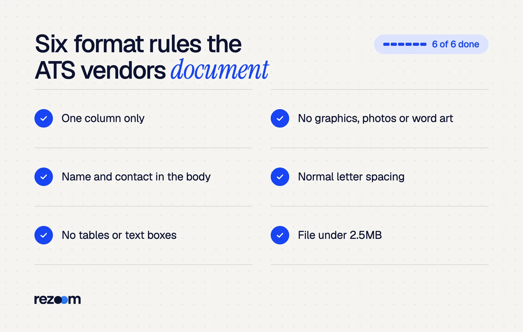 Checklist of six ATS resume format layout rules (Greenhouse and iCIMS help docs)