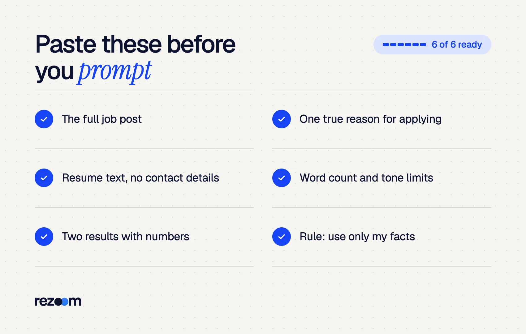 Checklist of six inputs to paste before using ChatGPT cover letter prompts (OpenAI prompting guidance)