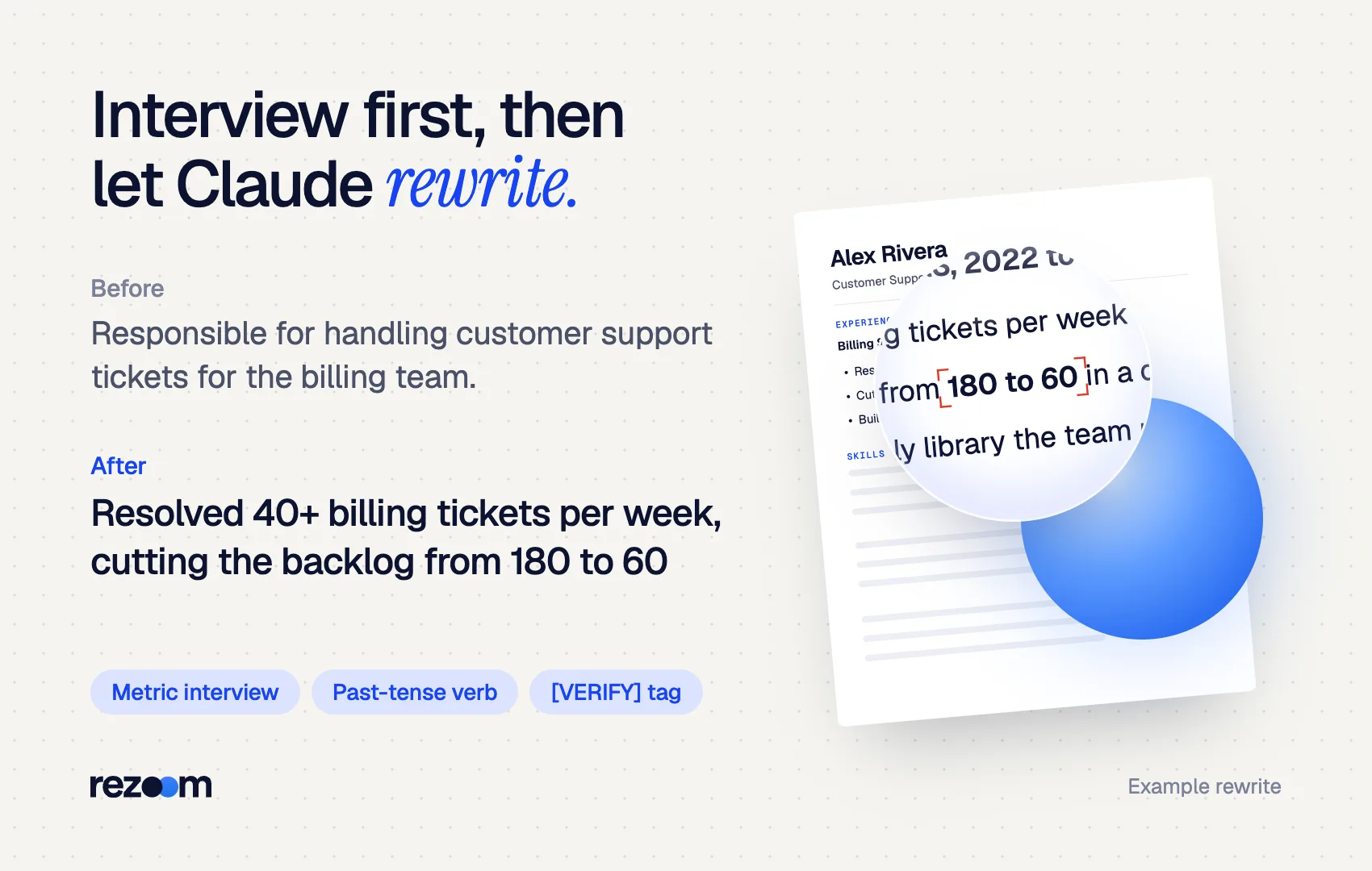 Claude resume prompts example: before and after bullet rewritten with numbers from a metric interview (example rewrite)