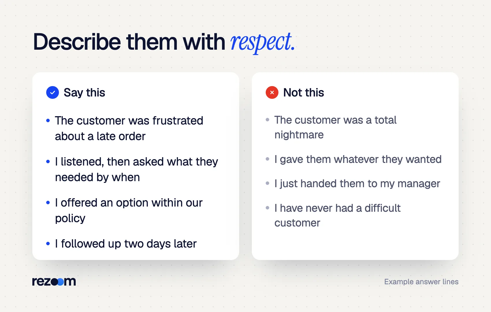 Comparison of phrases to use and avoid when you describe a difficult customer in an interview (example).