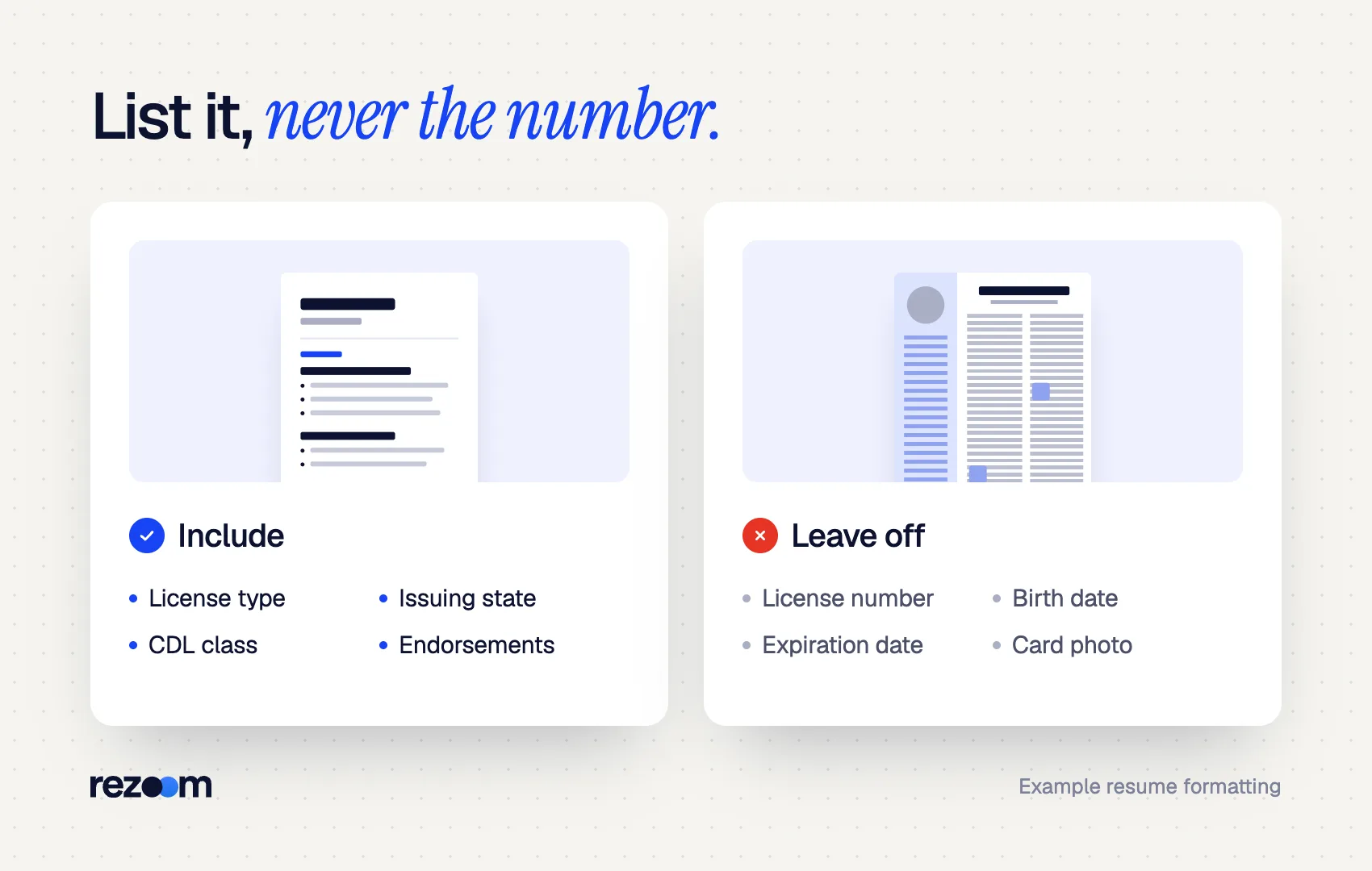 Compare graphic for a driver license on a resume: include type, state, CDL class, endorsements; leave off the number.