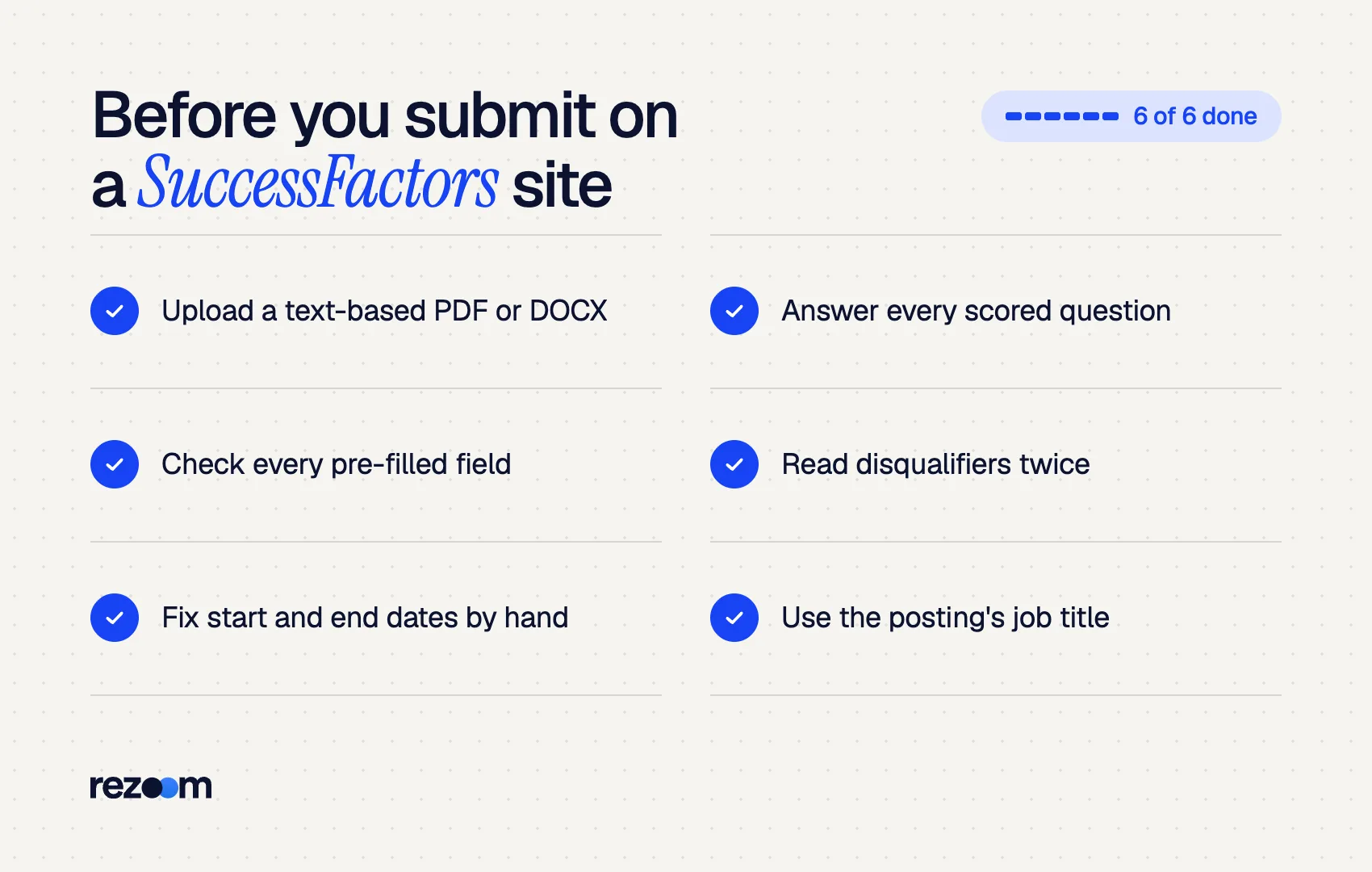 Checklist of six steps before applying through a SuccessFactors ATS, based on SAP documentation