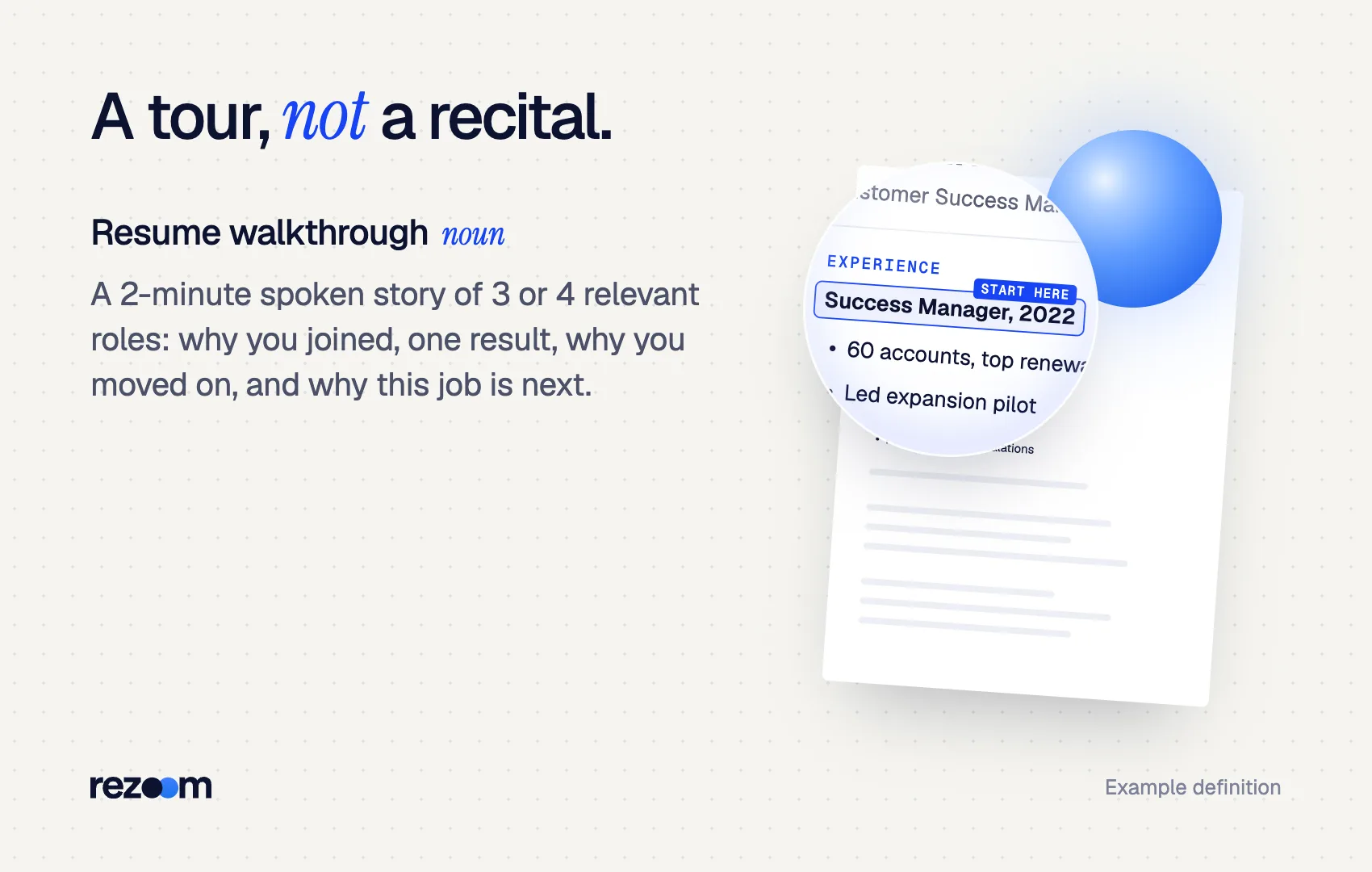 Definition card: walk me through your resume means a 2-minute story of 3 or 4 relevant roles (example).