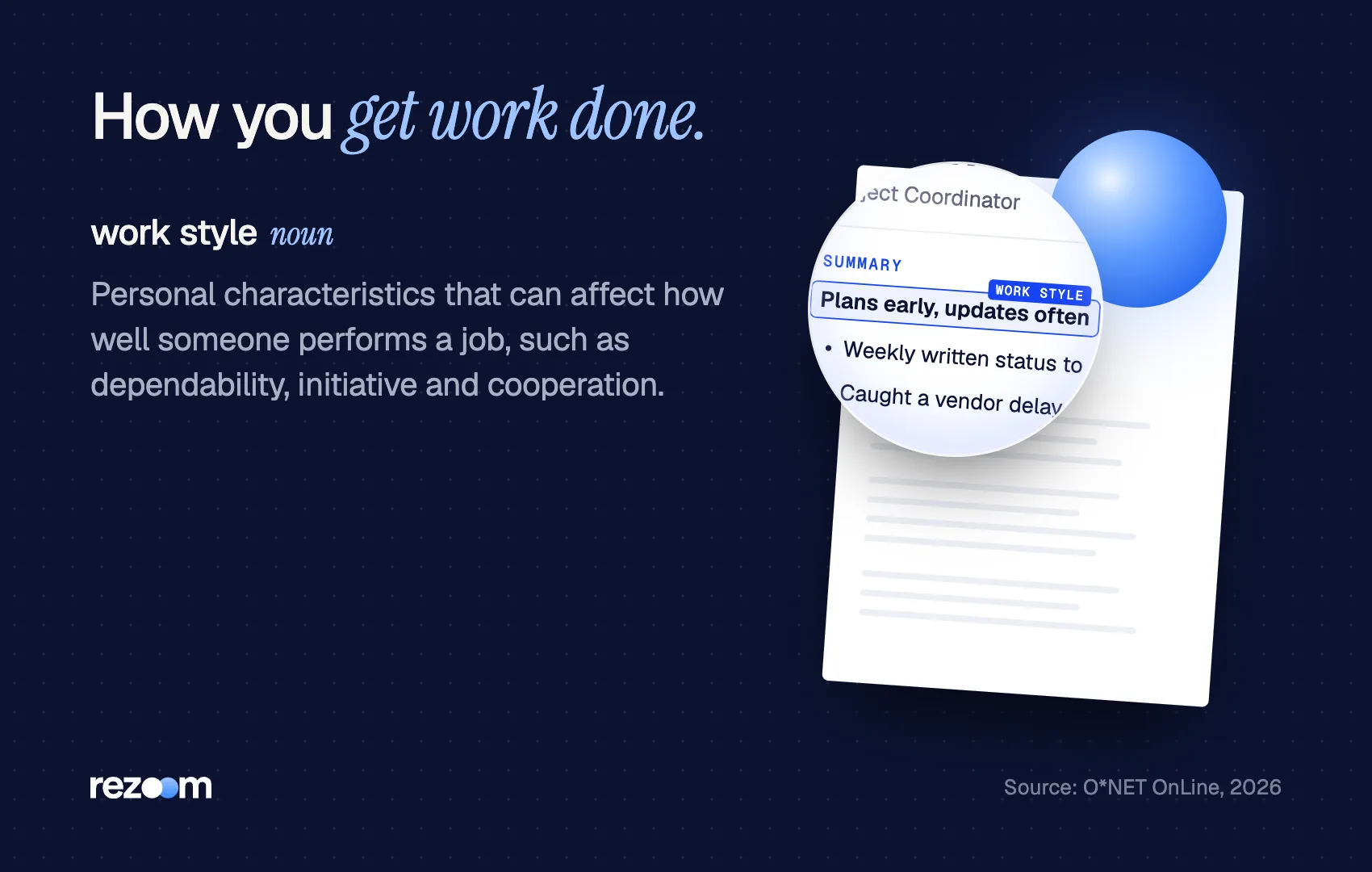 Definition card: work style means personal characteristics that affect how well someone performs a job (O*NET, 2026).