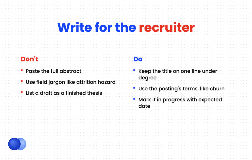 Do and don't rules for writing a thesis on a resume in plain language